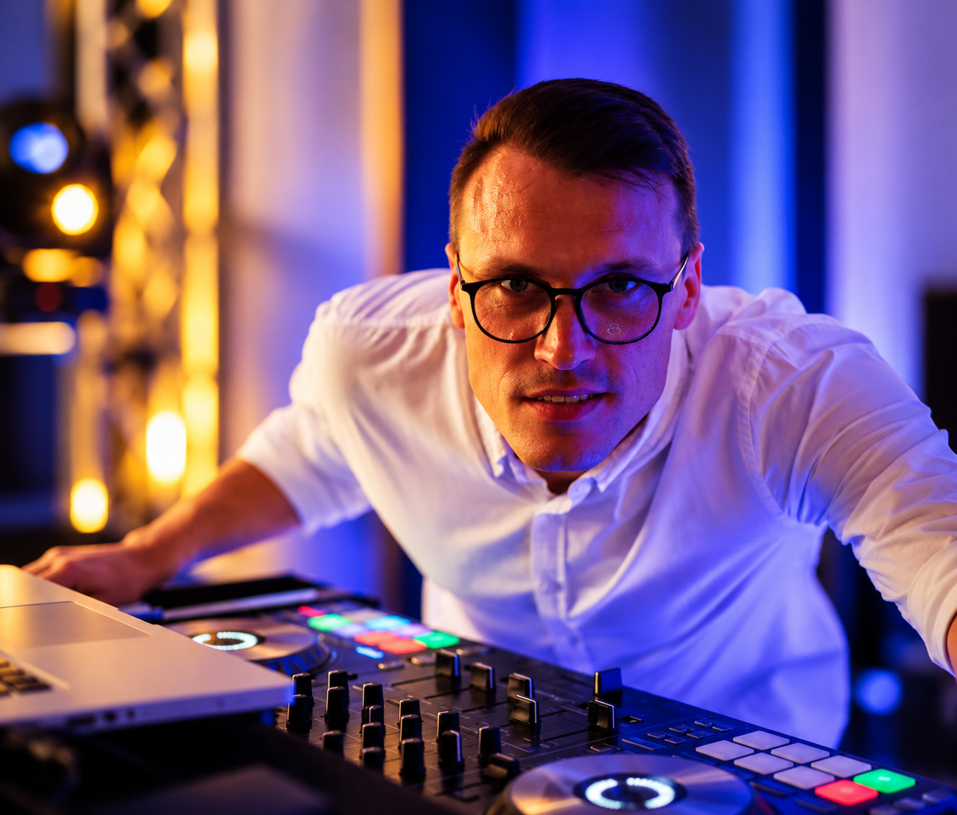 DJ în culisele evenimentului, lângă consolă, cu lumini albastre și aurii