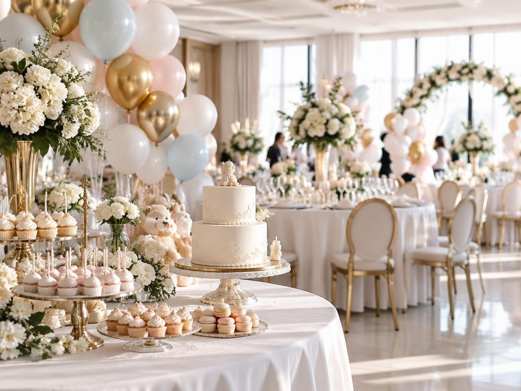 Sală festivă decorată pentru un botez, cu tort, candy bar, flori și baloane pastel